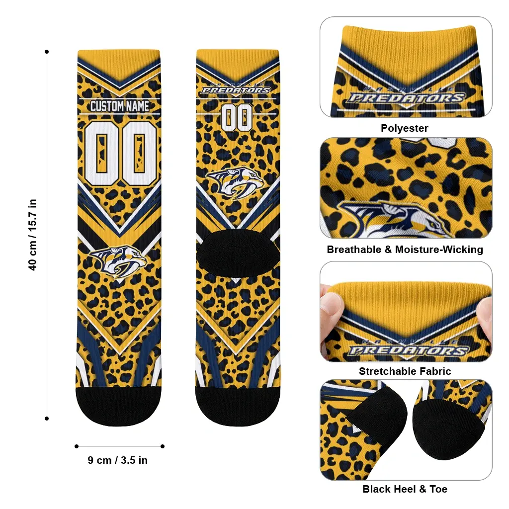 Nashville Predators Socks Custom Leopard Print Gold Black High Quality Nashville Predators Socks Custom Leopard Print Gold Black High Quality