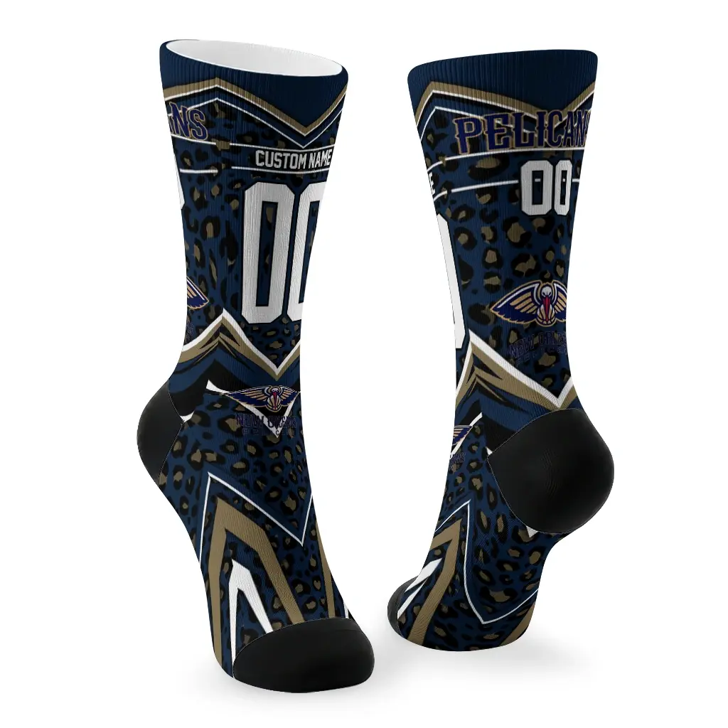 New Orleans Pelicans Socks Personalized Leopard Print Navy Black Fashion Forward New Orleans Pelicans Socks Personalized Leopard Print Navy Black Fashion Forward