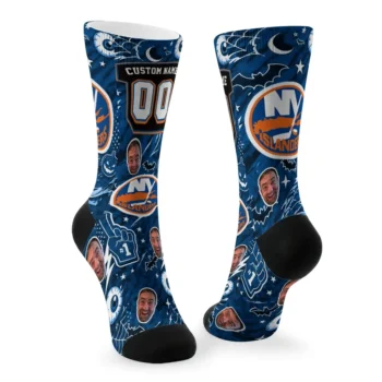 New York Islanders Socks Custom Scattered Icons Blue Fashion Forward