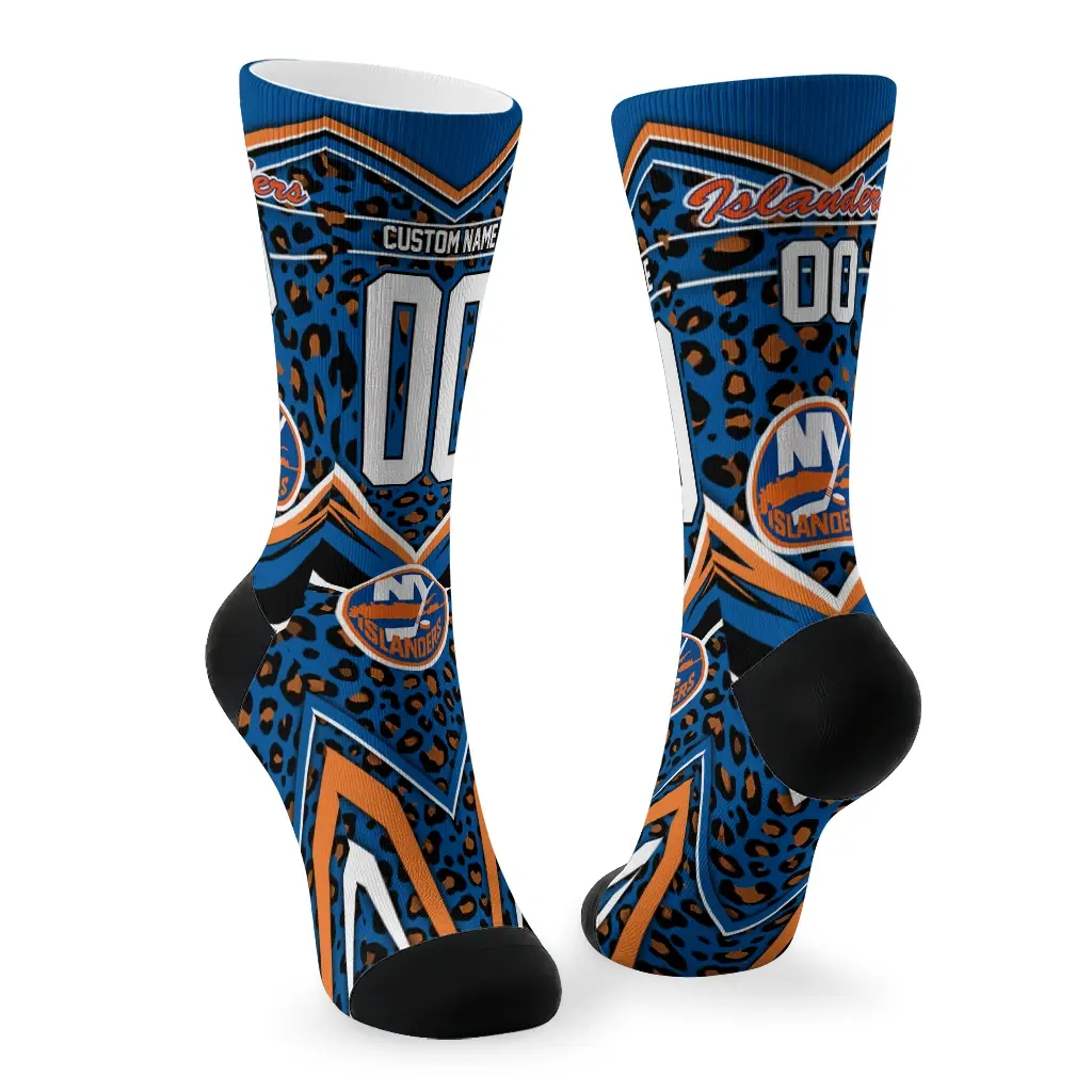New York Islanders Socks Personalized Leopard Print Blue Black Fashion Forward New York Islanders Socks Personalized Leopard Print Blue Black Fashion Forward