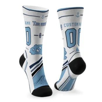 North Carolina Tar Heels Socks Personalized Nautical Icons Light Blue White Fashion Forward