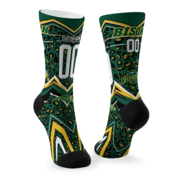 North Dakota State Bison Socks Custom Leopard Print Green Black Fashion Forward