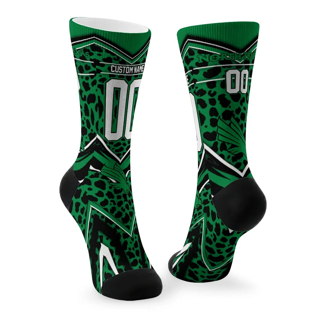 North Texas Mean Green Socks Custom Leopard Print Green Black Fashion Forward North Texas Mean Green Socks Custom Leopard Print Green Black Fashion Forward