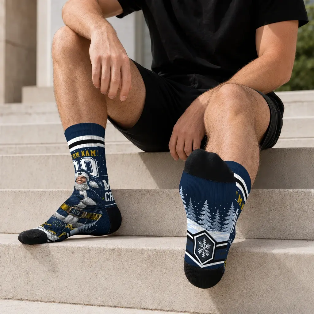 Notre Dame Fighting Irish Socks Custom Snowy Scene Navy White Latest Model Notre Dame Fighting Irish Socks Custom Snowy Scene Navy White Latest Model