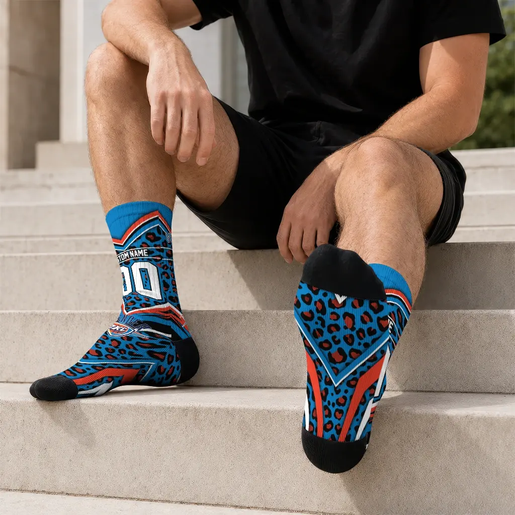 Oklahoma City Thunder Socks Customized Leopard Print Blue Black Latest Model Oklahoma City Thunder Socks Customized Leopard Print Blue Black Latest Model
