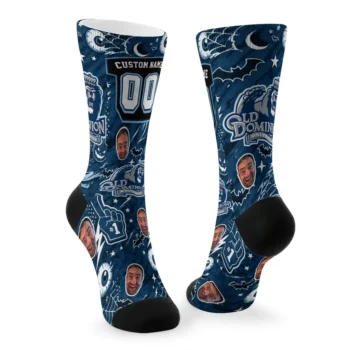 Old Dominion Monarchs Socks Custom Scattered Icons Blue Fashion Forward