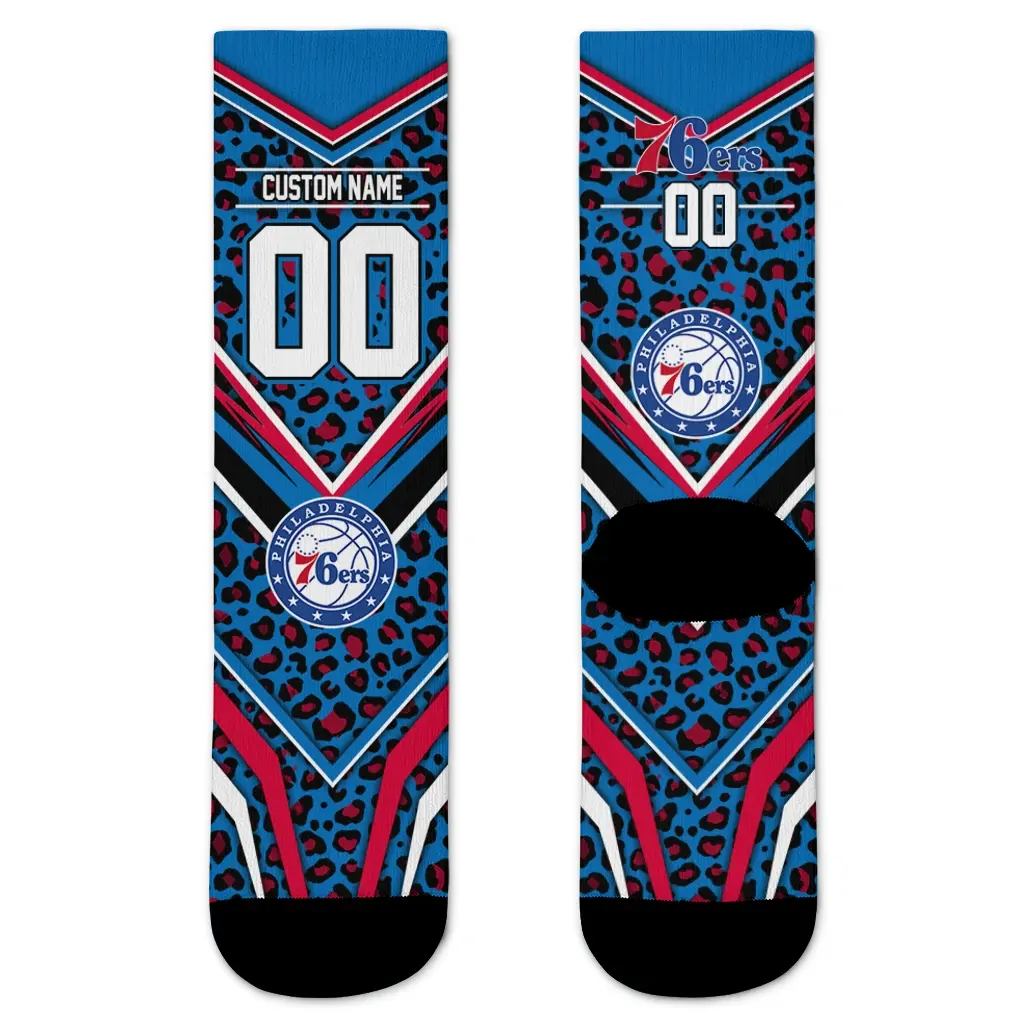 Philadelphia 76ers Socks Custom Leopard Print Blue Black Best Selling Philadelphia 76ers Socks Custom Leopard Print Blue Black Best Selling
