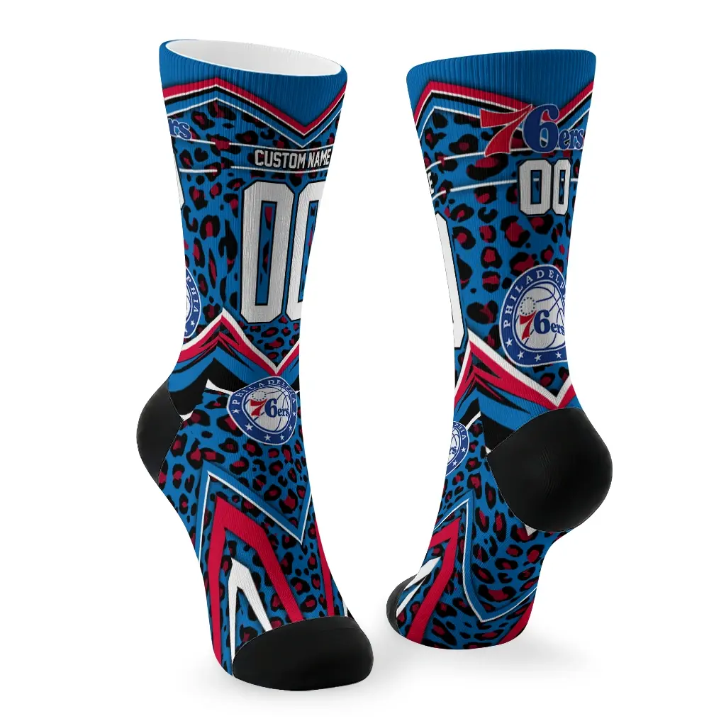 Philadelphia 76ers Socks Custom Leopard Print Blue Black Fashion Forward Philadelphia 76ers Socks Custom Leopard Print Blue Black Fashion Forward