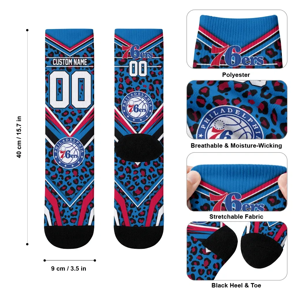 Philadelphia 76ers Socks Custom Leopard Print Blue Black High Quality Philadelphia 76ers Socks Custom Leopard Print Blue Black High Quality