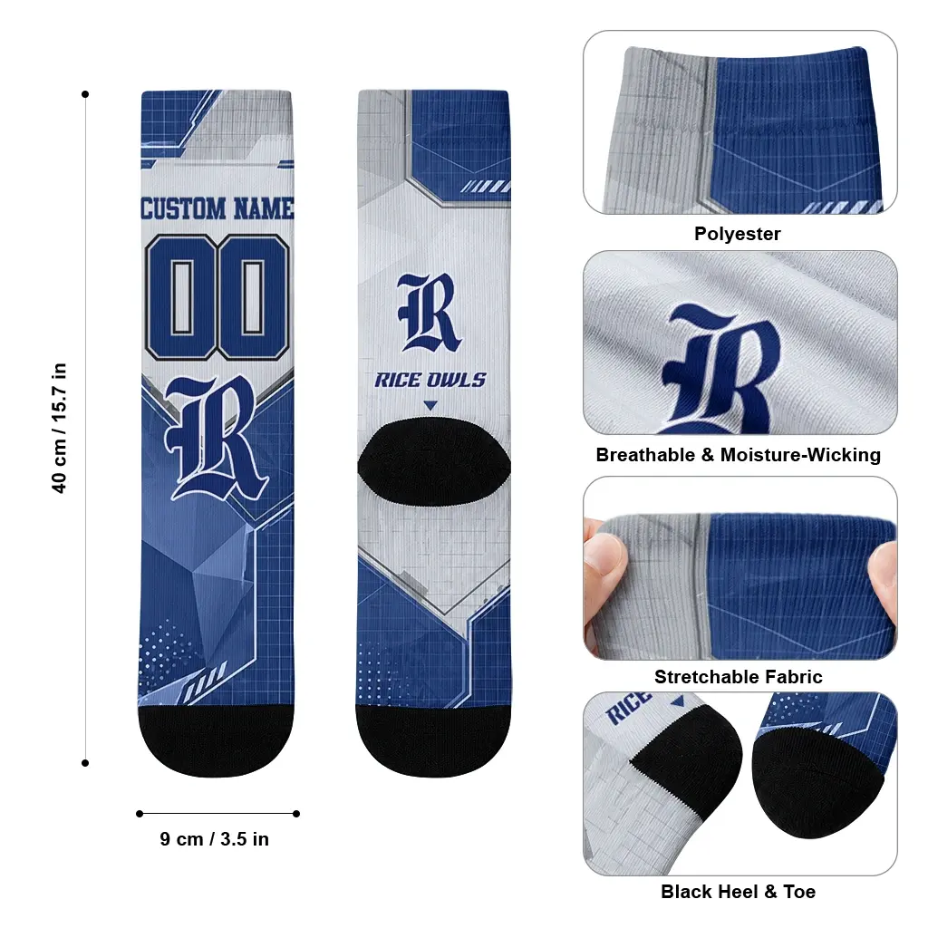 Rice Owls Socks Custom Geometric Tech Navy Blue High Quality Rice Owls Socks Custom Geometric Tech Navy Blue High Quality