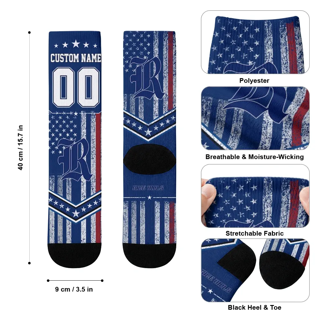 Rice Owls Socks Custom Star Stripes Navy Blue White High Quality Rice Owls Socks Custom Star Stripes Navy Blue White High Quality