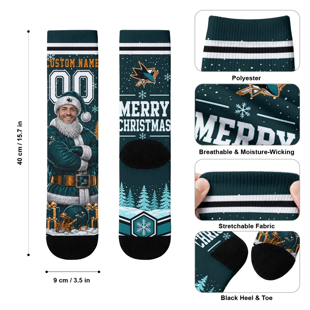 San Jose Sharks Socks Custom Snowy Scene Teal White High Quality San Jose Sharks Socks Custom Snowy Scene Teal White High Quality