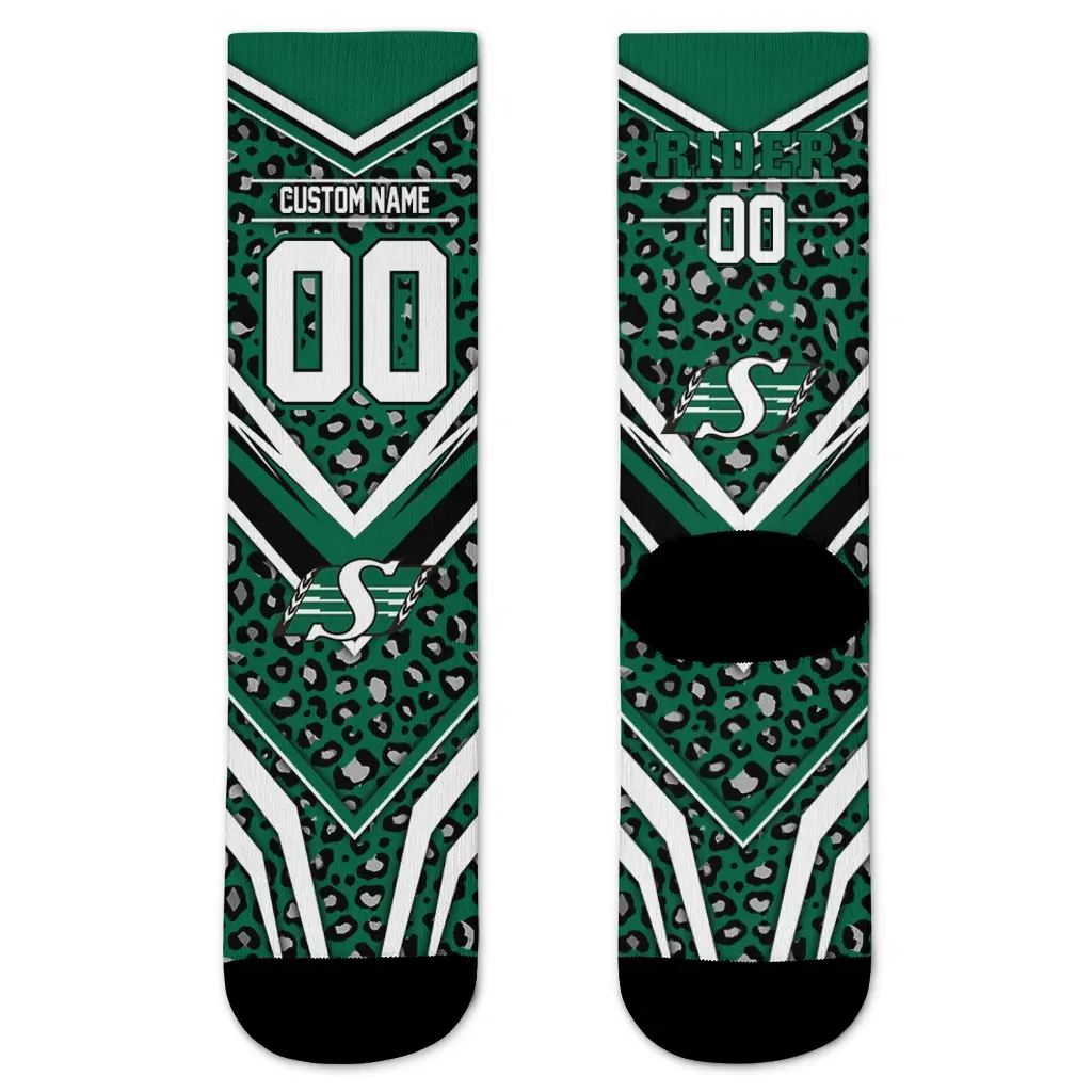 Saskatchewan Roughriders Socks Personalized Leopard Print Green Black Best Selling Saskatchewan Roughriders Socks Personalized Leopard Print Green Black Best Selling