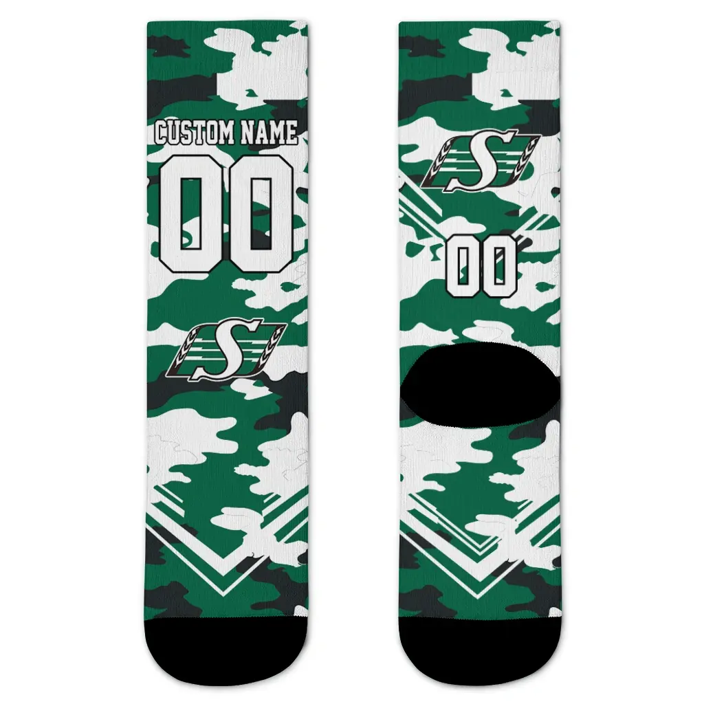 Saskatchewan Roughriders Socks Personalized Woodland Camo Green Best Selling Saskatchewan Roughriders Socks Personalized Woodland Camo Green Best Selling