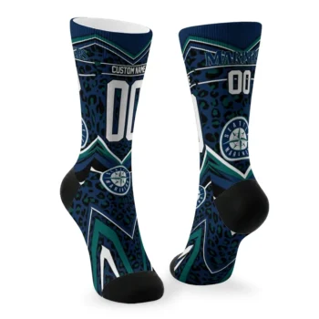 Seattle Mariners Socks Custom Leopard Print Navy Blue Black Fashion Forward