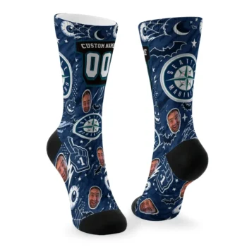 Seattle Mariners Socks Customized Scattered Icons Navy Blue Fashion Forward
