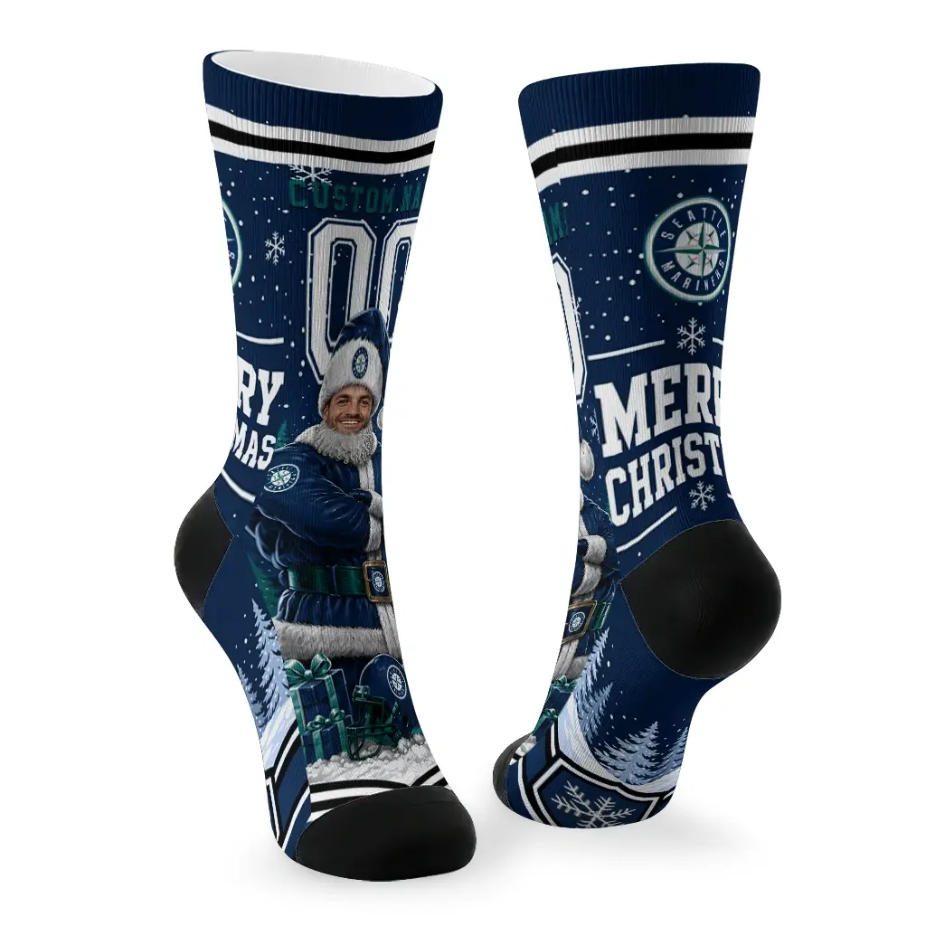 Seattle Mariners Socks Personalized Snowy Scene Navy Blue White Fashion Forward Seattle Mariners Socks Personalized Snowy Scene Navy Blue White Fashion Forward