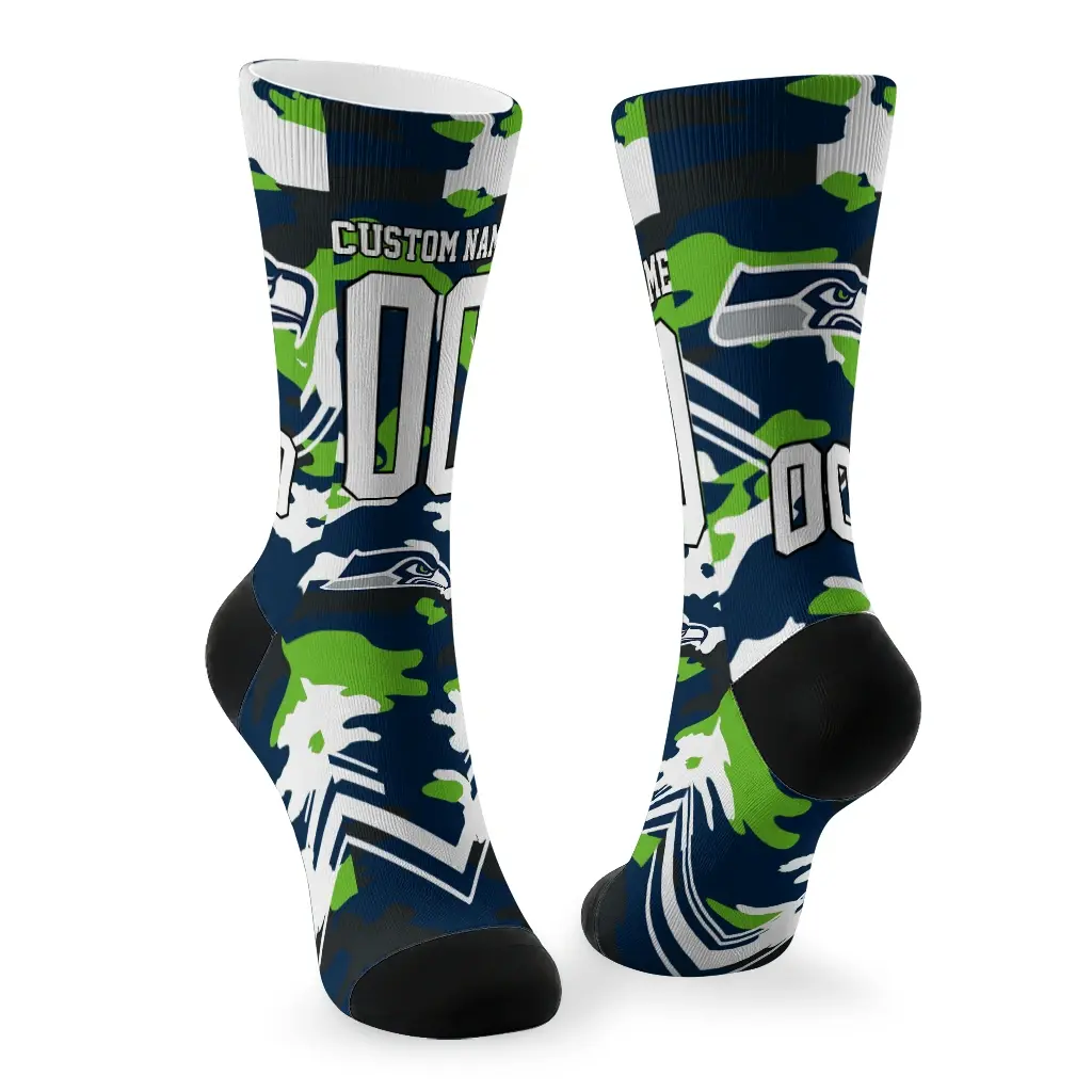 Seattle Seahawks Socks Personalized Woodland Camo Blue Fashion Forward Seattle Seahawks Socks Personalized Woodland Camo Blue Fashion Forward