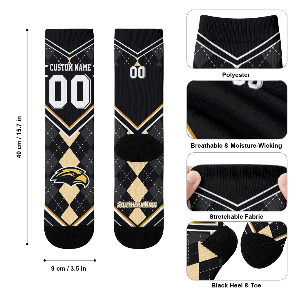 Southern Miss Golden Eagles Socks Customized Argyle Pattern Black High Quality Southern Miss Golden Eagles Socks Customized Argyle Pattern Black High Quality