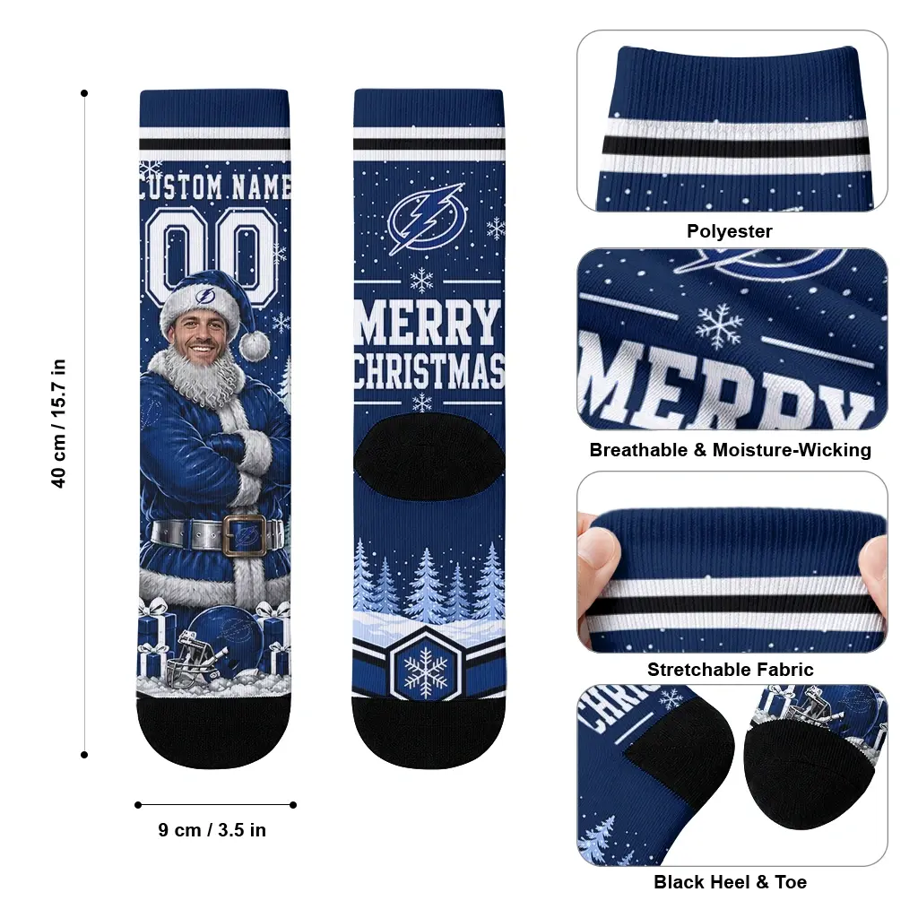Tampa Bay Lightning Socks Custom Snowy Scene Blue White High Quality Tampa Bay Lightning Socks Custom Snowy Scene Blue White High Quality