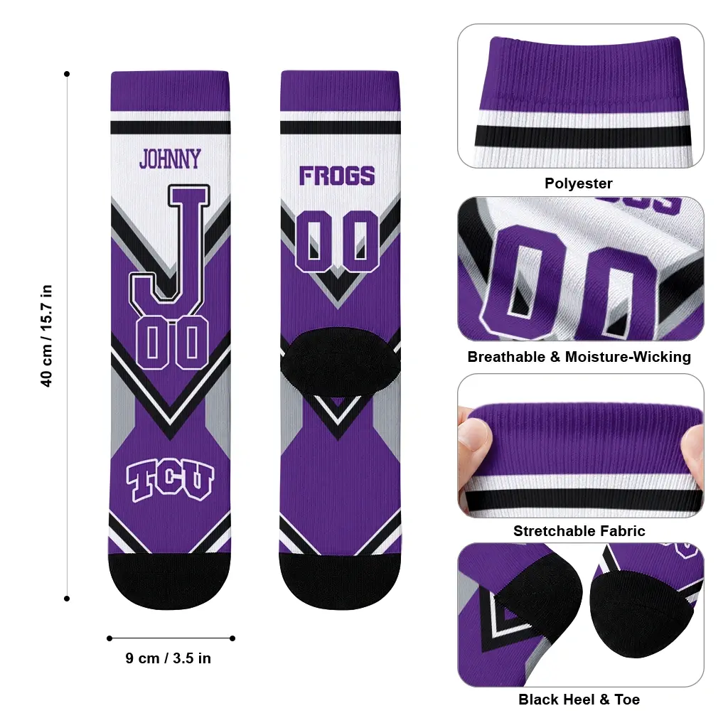 Tcu Horned Frogs Socks Customized Arrow Blocks Purple High Quality Tcu Horned Frogs Socks Customized Arrow Blocks Purple High Quality