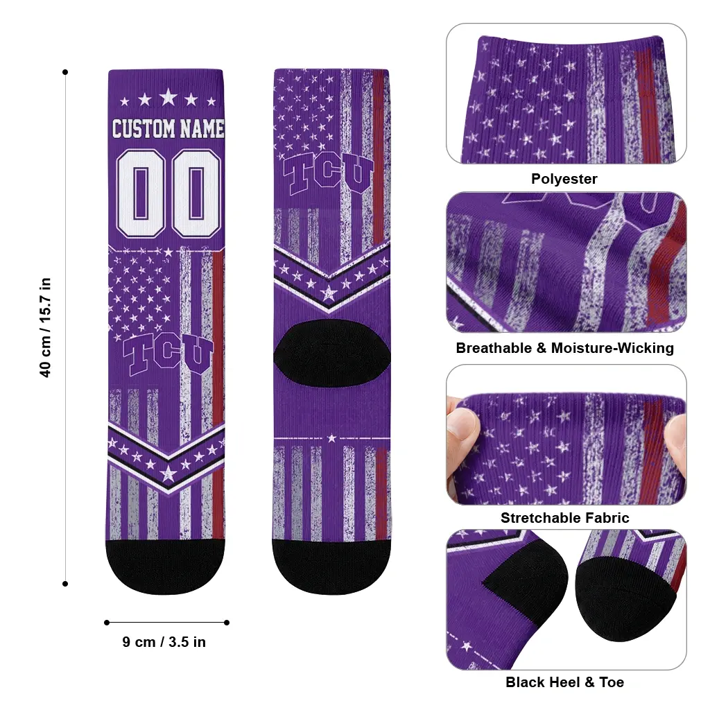 Tcu Horned Frogs Socks Customized Star Stripes Purple White High Quality Tcu Horned Frogs Socks Customized Star Stripes Purple White High Quality