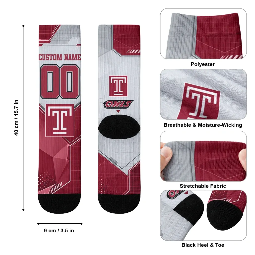 Temple Owls Socks Customized Geometric Tech Red High Quality Temple Owls Socks Customized Geometric Tech Red High Quality
