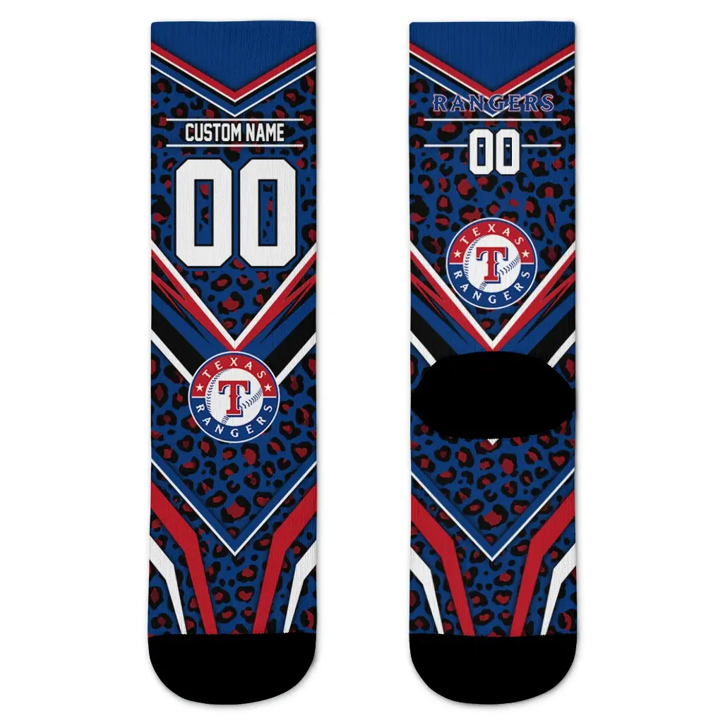 Texas Rangers Socks Custom Leopard Print Blue Black Best Selling Texas Rangers Socks Custom Leopard Print Blue Black Best Selling