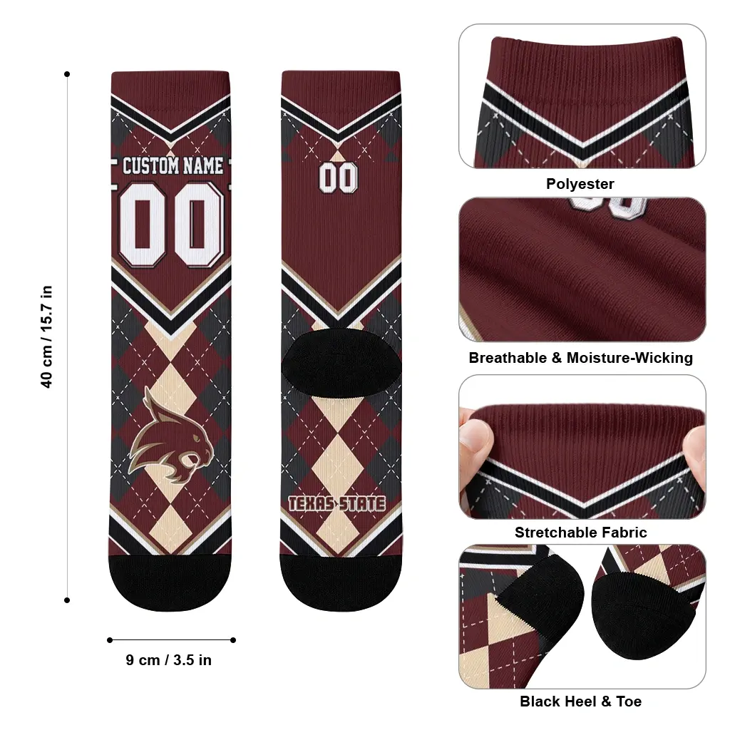Texas State Bobcats Socks Custom Argyle Pattern Maroon High Quality Texas State Bobcats Socks Custom Argyle Pattern Maroon High Quality