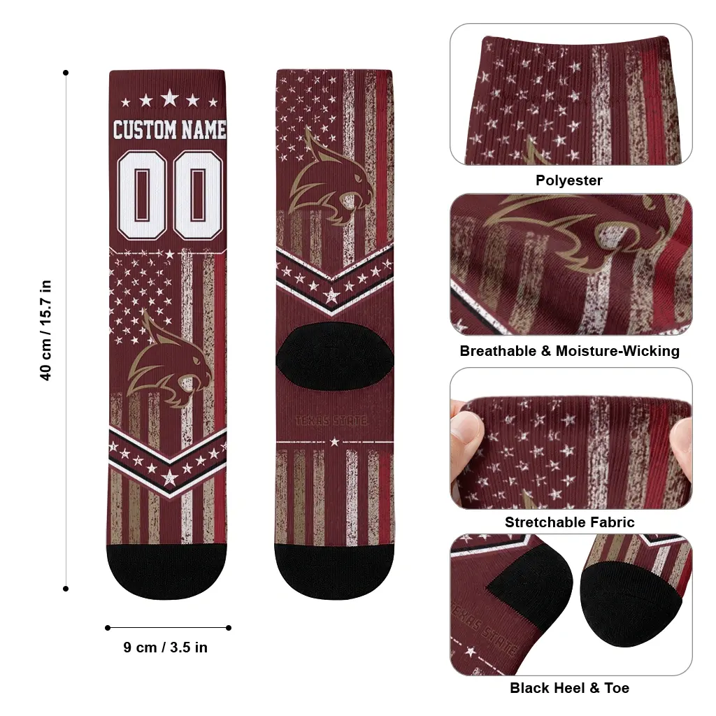 Texas State Bobcats Socks Custom Star Stripes Maroon White High Quality Texas State Bobcats Socks Custom Star Stripes Maroon White High Quality