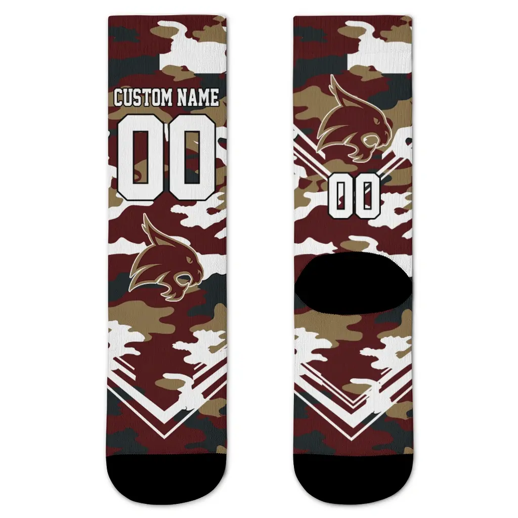 Texas State Bobcats Socks Custom Woodland Camo Maroon Best Selling Texas State Bobcats Socks Custom Woodland Camo Maroon Best Selling
