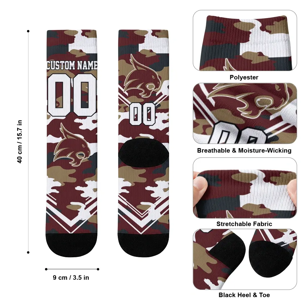 Texas State Bobcats Socks Custom Woodland Camo Maroon High Quality Texas State Bobcats Socks Custom Woodland Camo Maroon High Quality