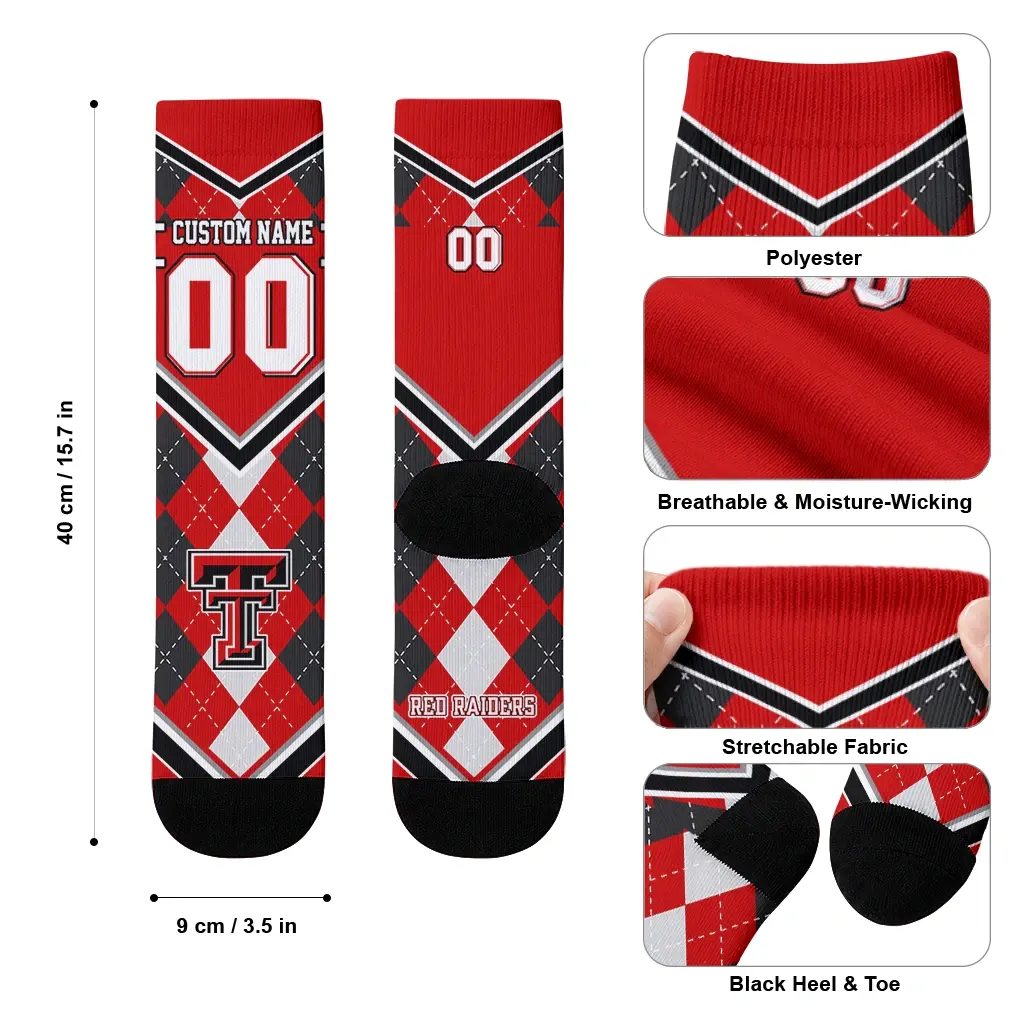 Texas Tech Red Raiders Socks Customized Argyle Pattern Red High Quality Texas Tech Red Raiders Socks Customized Argyle Pattern Red High Quality