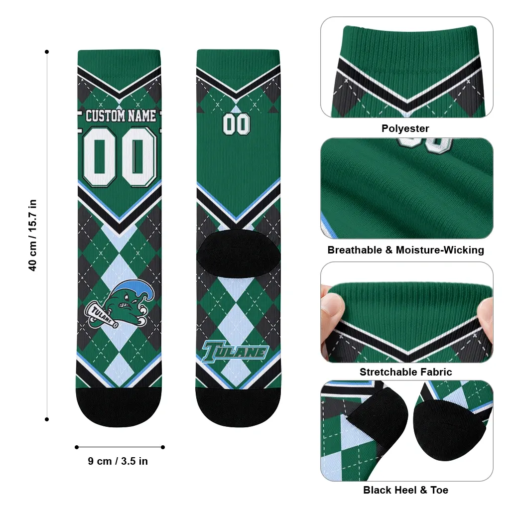 Tulane Green Wave Socks Customized Argyle Pattern Green High Quality Tulane Green Wave Socks Customized Argyle Pattern Green High Quality