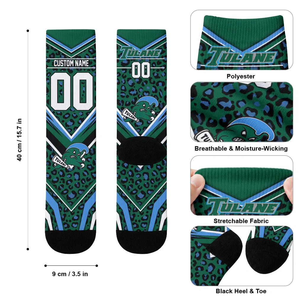 Tulane Green Wave Socks Customized Leopard Print Green Black High Quality Tulane Green Wave Socks Customized Leopard Print Green Black High Quality