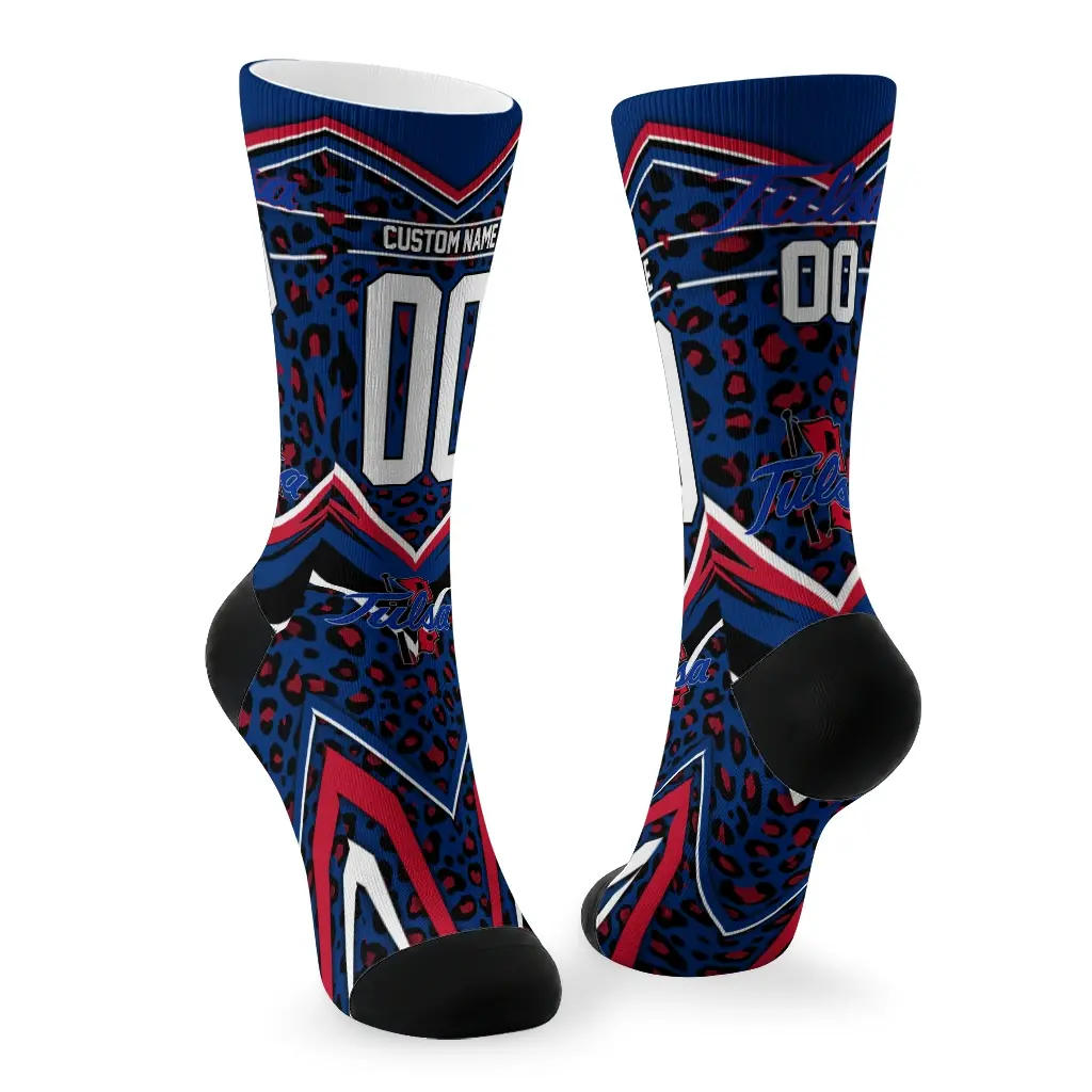 Tulsa Golden Hurricane Socks Custom Leopard Print Blue Black Fashion Forward Tulsa Golden Hurricane Socks Custom Leopard Print Blue Black Fashion Forward