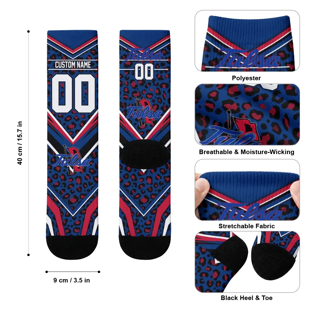 Tulsa Golden Hurricane Socks Custom Leopard Print Blue Black High Quality Tulsa Golden Hurricane Socks Custom Leopard Print Blue Black High Quality