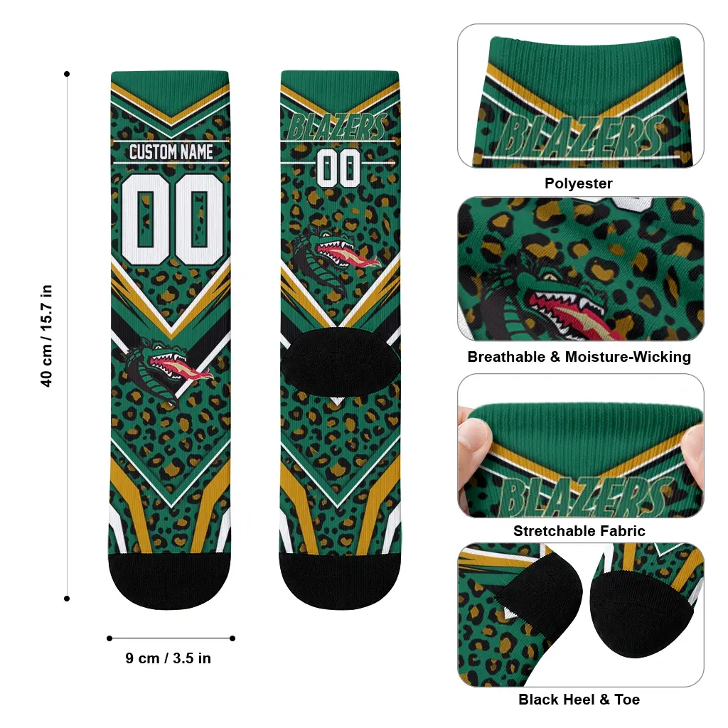 Uab Blazers Socks Personalized Leopard Print Green Black High Quality Uab Blazers Socks Personalized Leopard Print Green Black High Quality