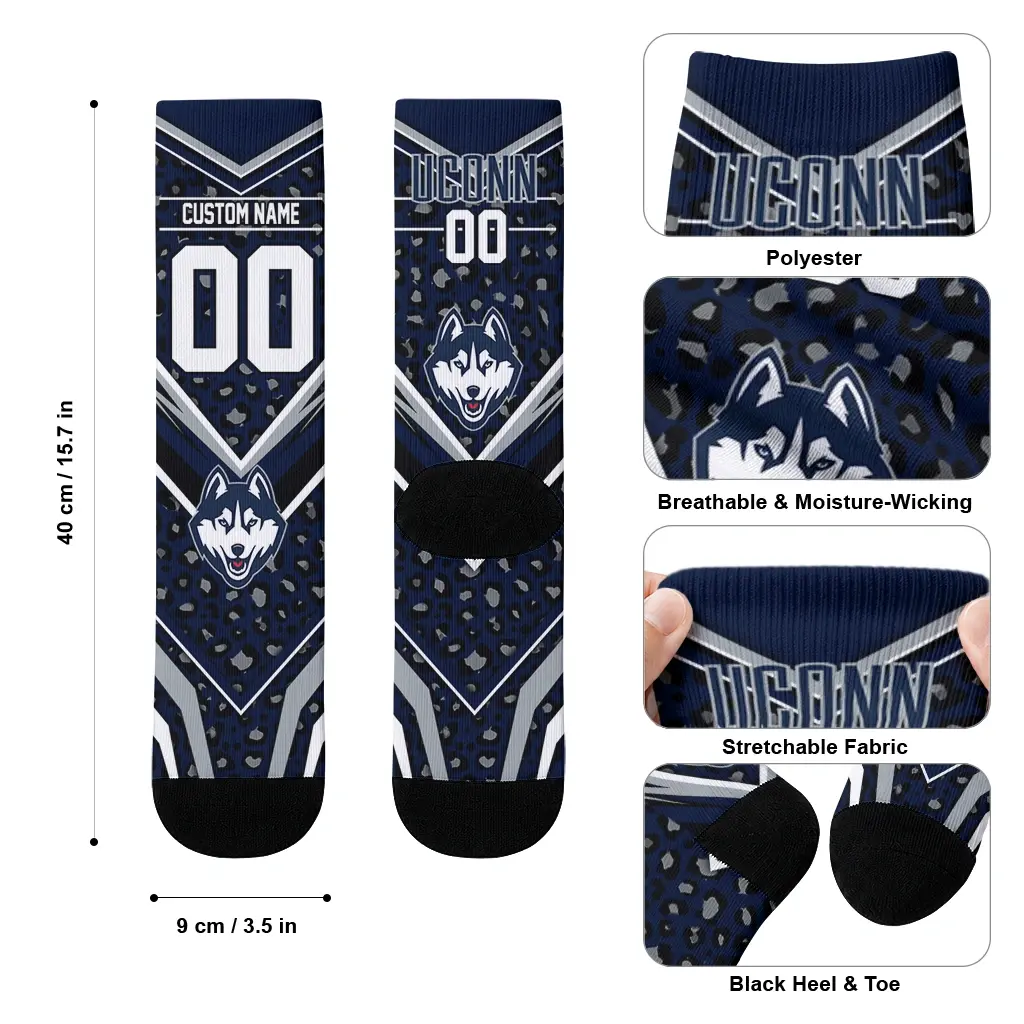 Uconn Huskies Socks Custom Leopard Print Blue Black High Quality Uconn Huskies Socks Custom Leopard Print Blue Black High Quality