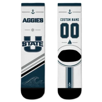 Utah State Aggies Socks Personalized Nautical Icons Navy White Best Selling