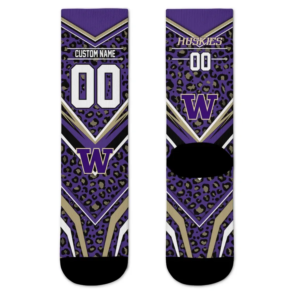 Washington Huskies Socks Personalized Leopard Print Purple Black Best Selling Washington Huskies Socks Personalized Leopard Print Purple Black Best Selling