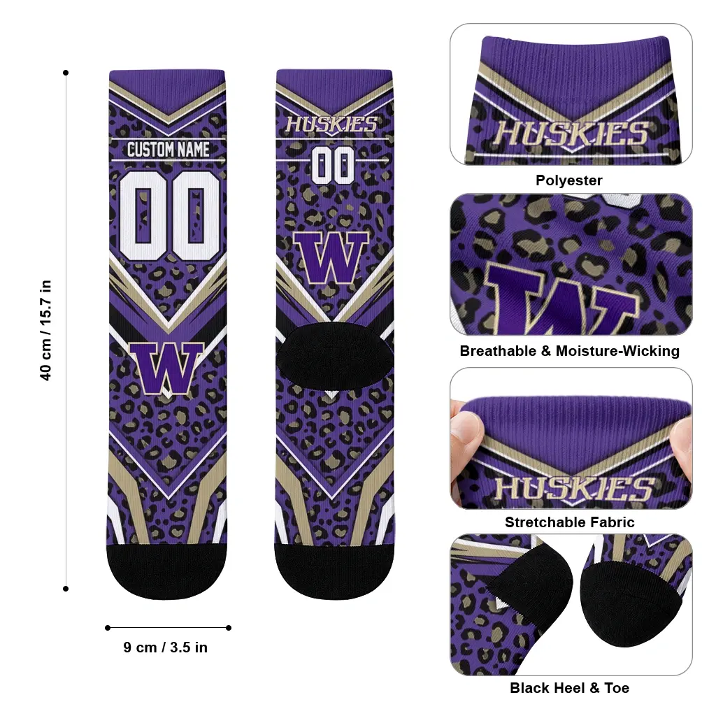 Washington Huskies Socks Personalized Leopard Print Purple Black High Quality Washington Huskies Socks Personalized Leopard Print Purple Black High Quality