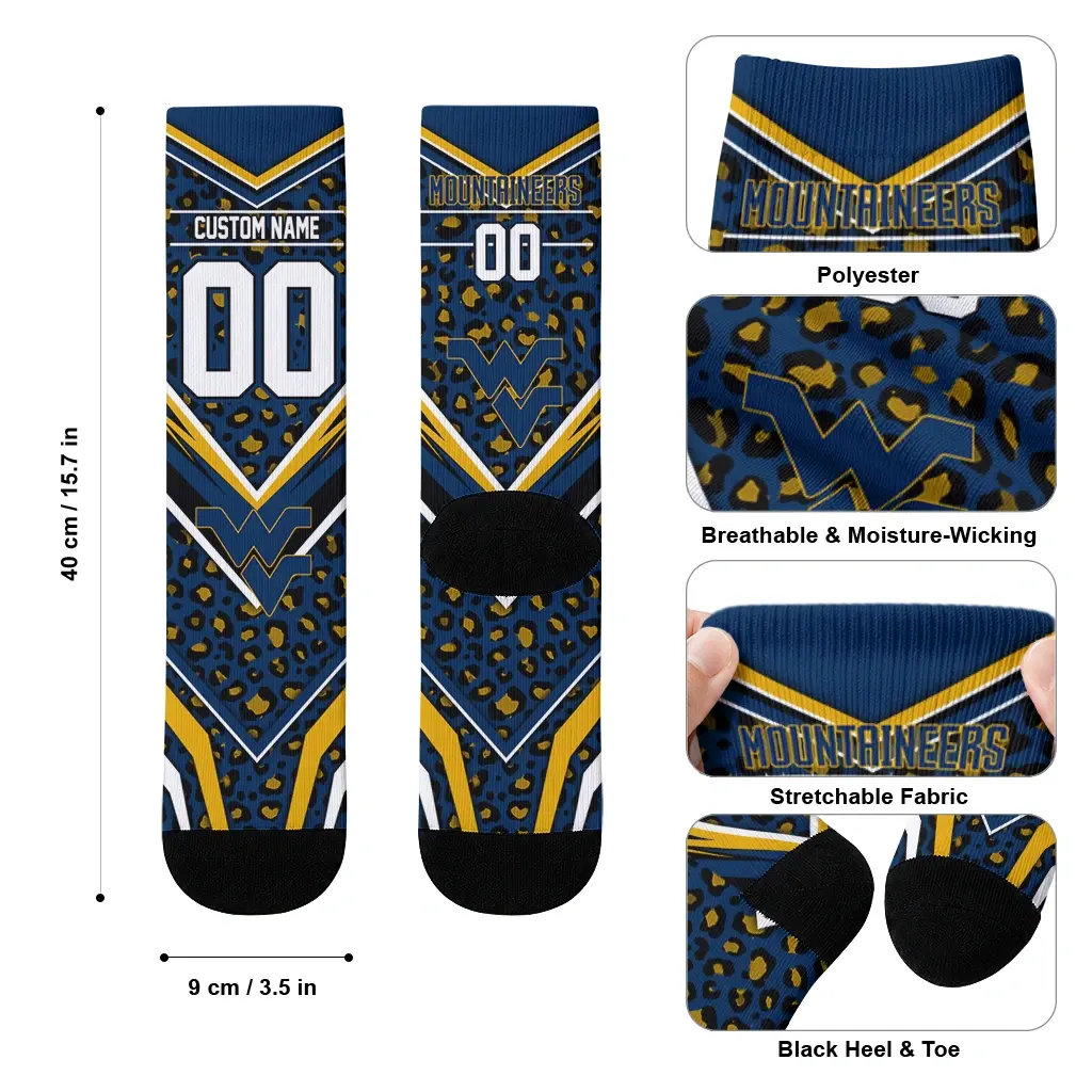 West Virginia Mountaineers Socks Custom Leopard Print Blue Black High Quality West Virginia Mountaineers Socks Custom Leopard Print Blue Black High Quality