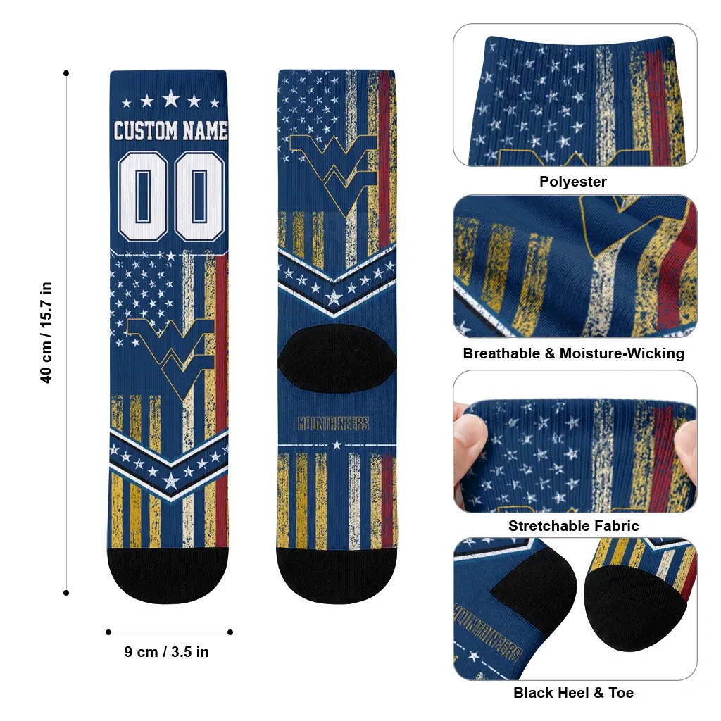 West Virginia Mountaineers Socks Custom Star Stripes Blue White High Quality West Virginia Mountaineers Socks Custom Star Stripes Blue White High Quality