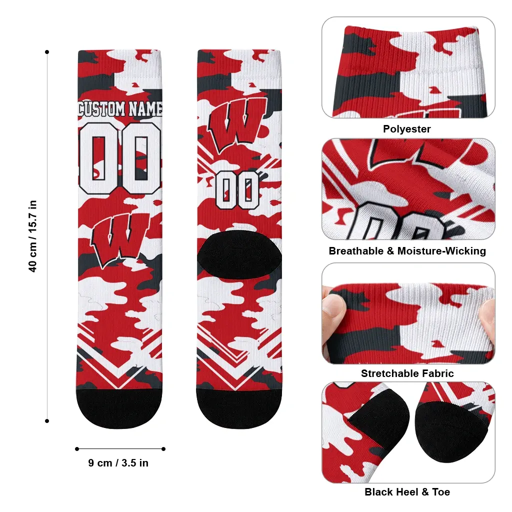 Wisconsin Badgers Socks Customized Woodland Camo Red High Quality Wisconsin Badgers Socks Customized Woodland Camo Red High Quality