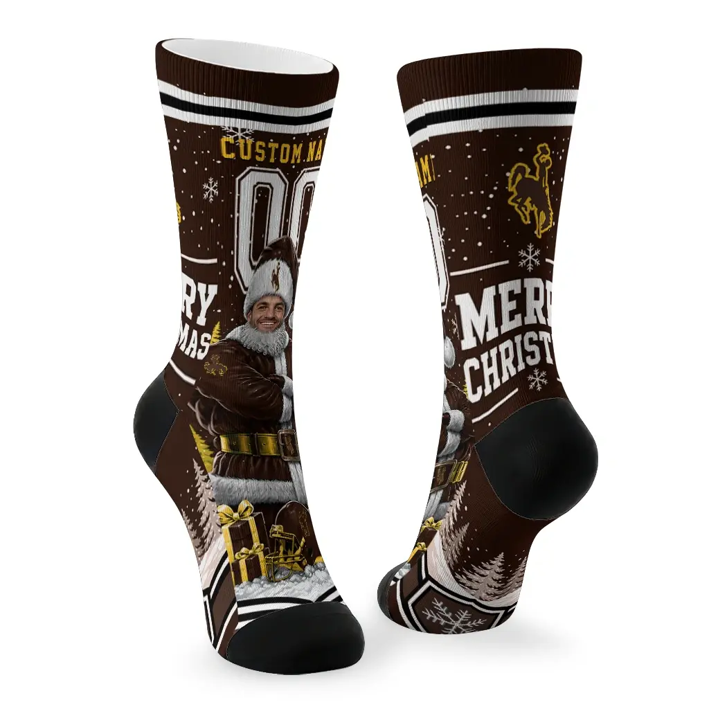Wyoming Cowboys Socks Customized Snowy Scene Brown White Fashion Forward Wyoming Cowboys Socks Customized Snowy Scene Brown White Fashion Forward